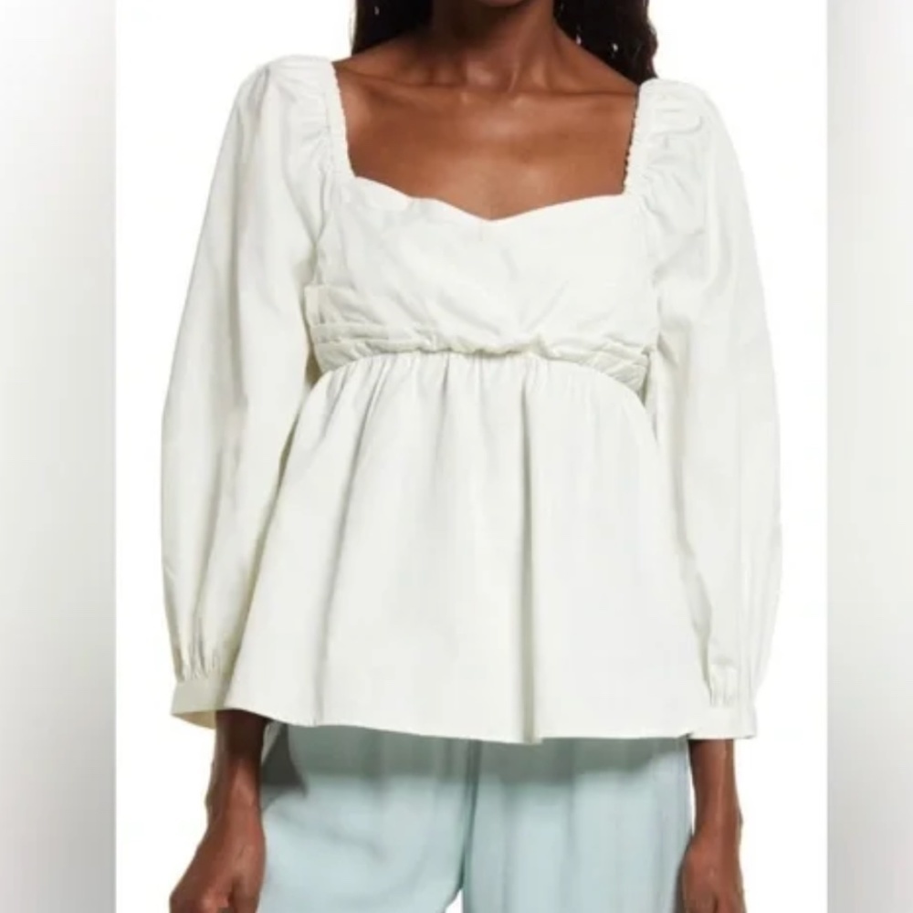 Open Edit White Puff Long Sleeve Babydoll Top